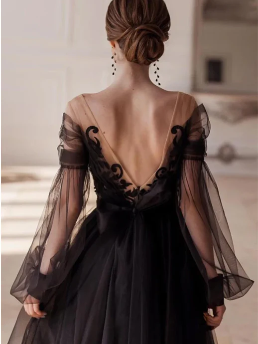 Vestido de noche de corte A/princesa, escote en V, manga larga y hasta el tobillo