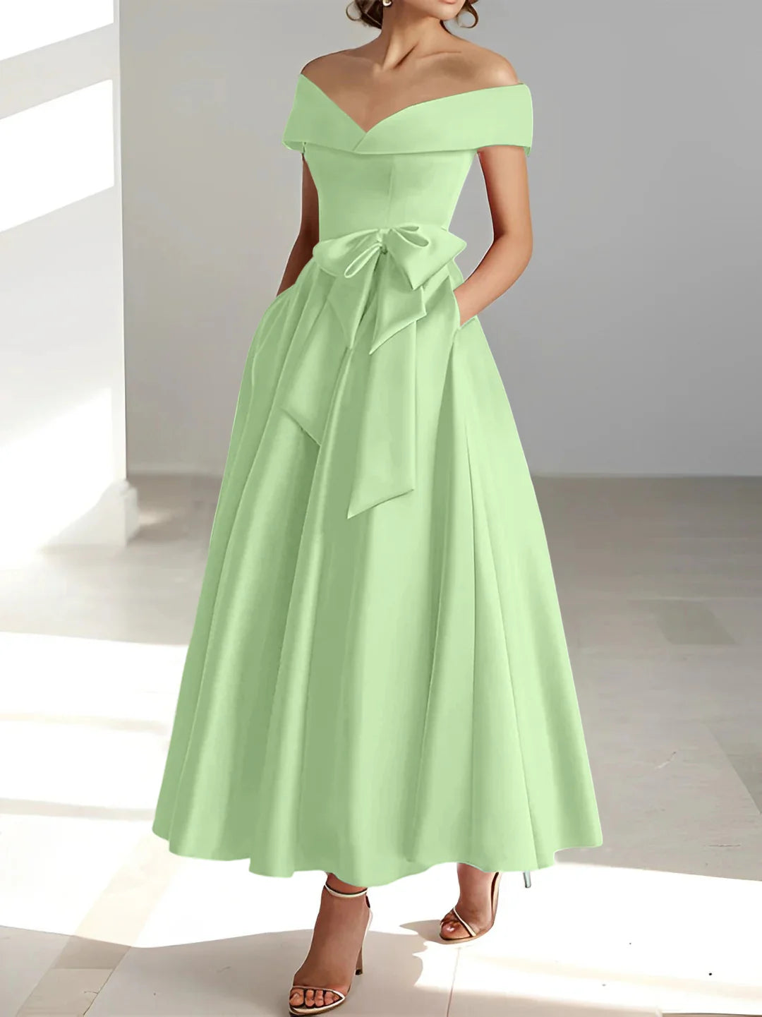 Vestidos de madre de la novia con bolsillos y hombros descubiertos, corte A/Princesa