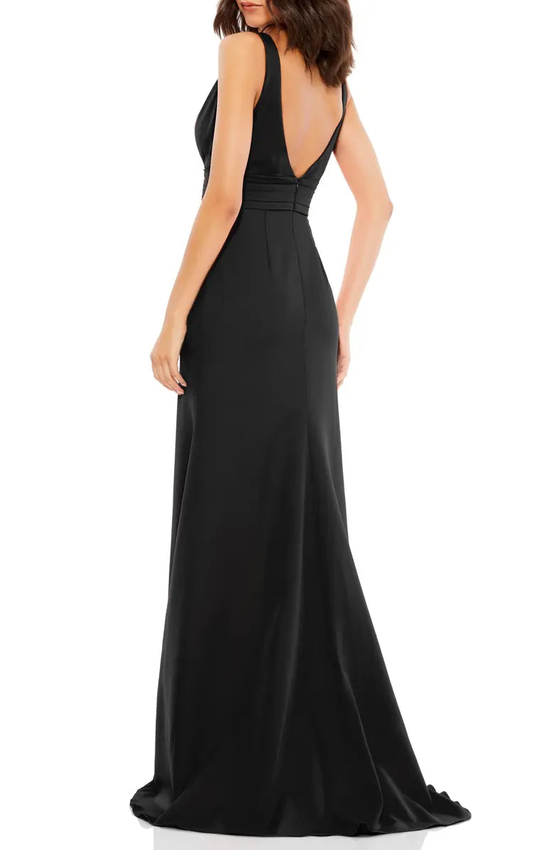 Vestido de noche elegante con hombros descubiertos, lazo en los hombros, escote en V y largo hasta el suelo con espalda descubierta