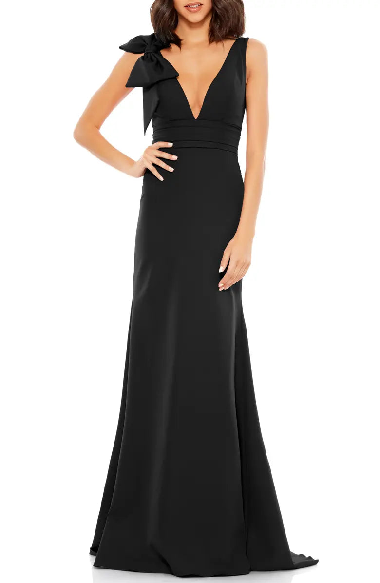 Vestido de noche elegante con hombros descubiertos, lazo en los hombros, escote en V y largo hasta el suelo con espalda descubierta