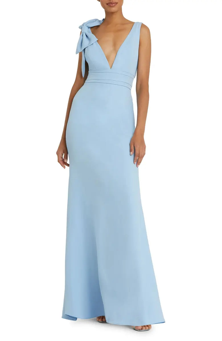 Vestido de noche elegante con hombros descubiertos, lazo en los hombros, escote en V y largo hasta el suelo con espalda descubierta