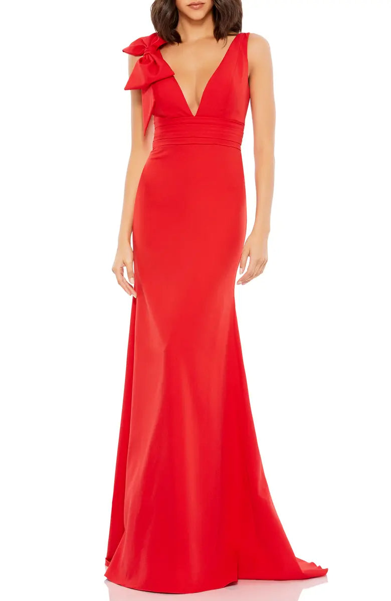 Vestido de noche elegante con hombros descubiertos, lazo en los hombros, escote en V y largo hasta el suelo con espalda descubierta