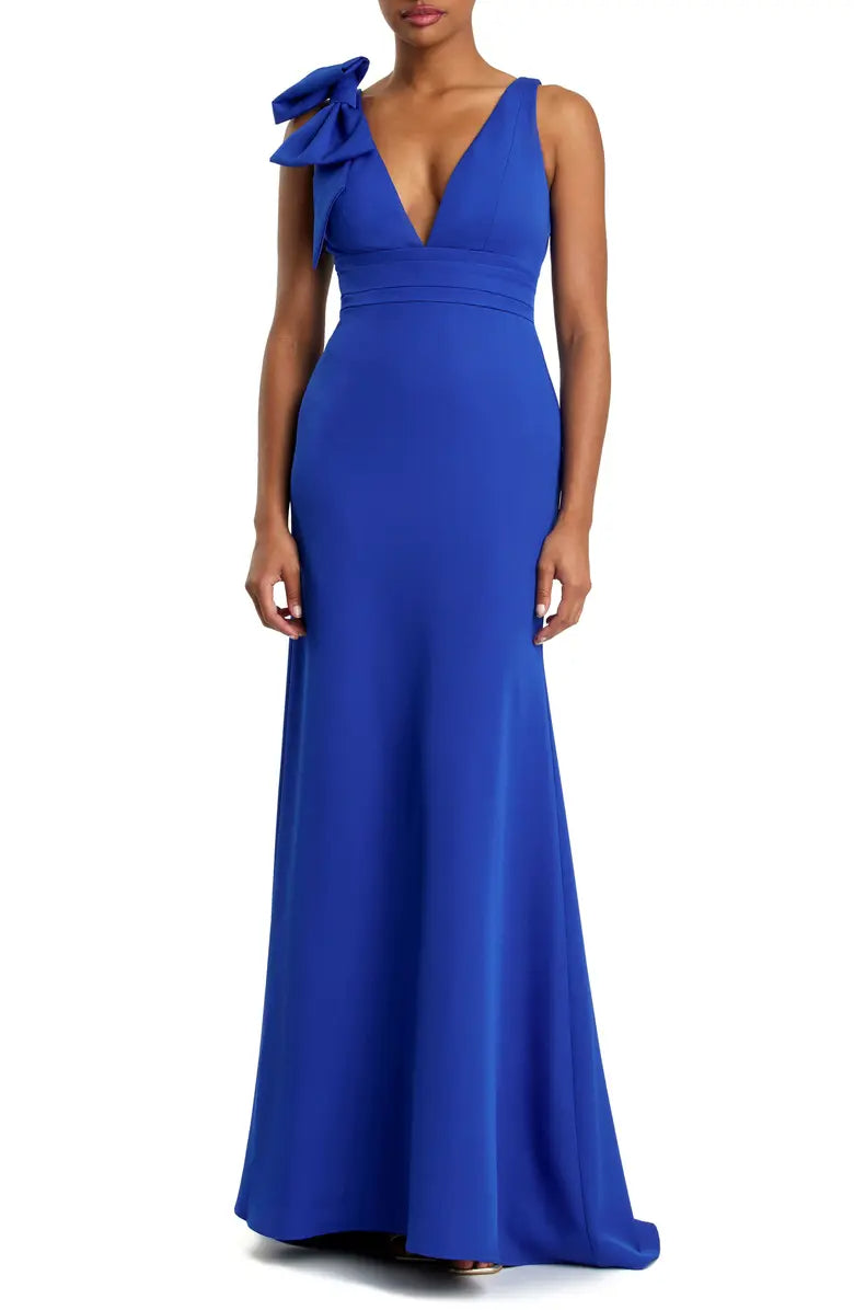 Vestido de noche elegante con hombros descubiertos, lazo en los hombros, escote en V y largo hasta el suelo con espalda descubierta