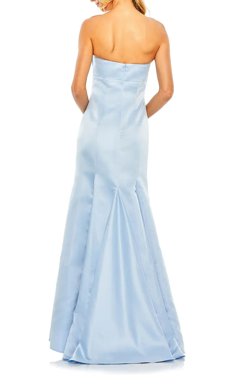 Noble strapless off the shoulder satin fishtail and ground length butterfly dew back evening dress