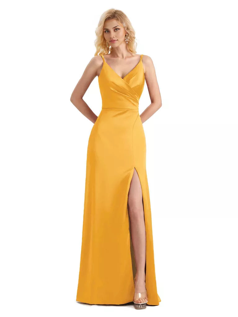 Vestido de dama de honor largo, formal, cruzado, sin mangas, con escote en V y abertura lateral de satén suave y sencillo