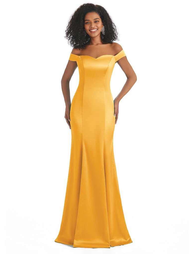 Vestidos de dama de honor largos, sencillos, de satén suave, sin mangas y con hombros descubiertos, de corte sirena