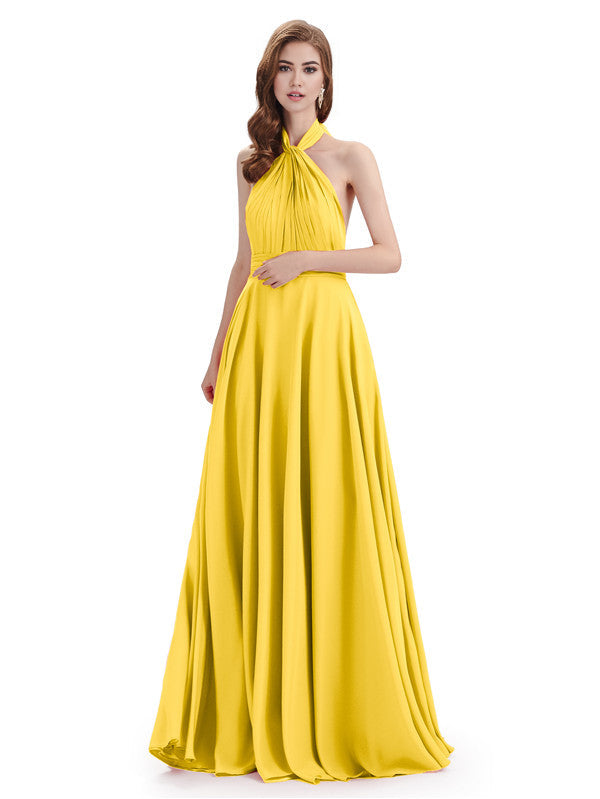 Simple A-Line High Neck Halter Sleeveless Pleats Chiffon Floor Length Bridesmaid Dresses
