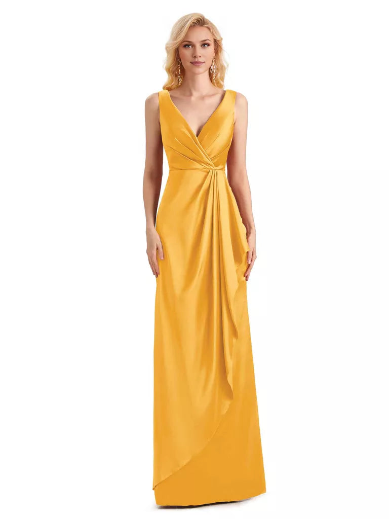 Elegantes vestidos de dama de honor formales, largos hasta el suelo, de satén suave, con escote en V y sin mangas