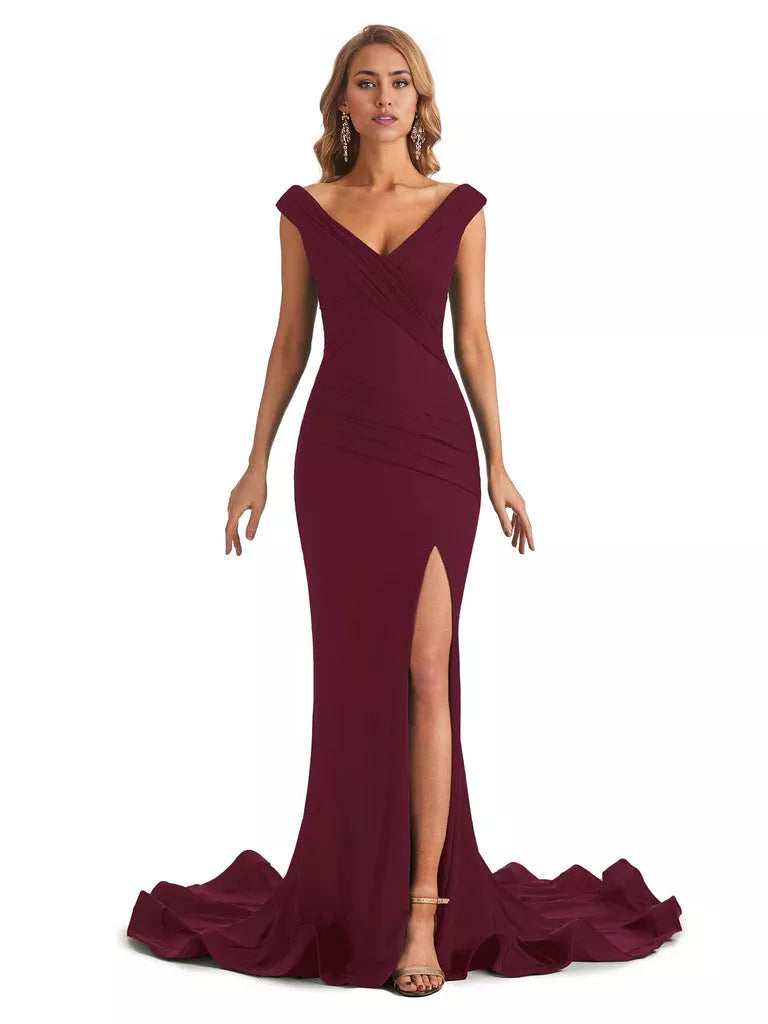 Vestido de dama de honor largo, formal, sin mangas, con escote en V y hombros descubiertos, de estilo sirena y sexy