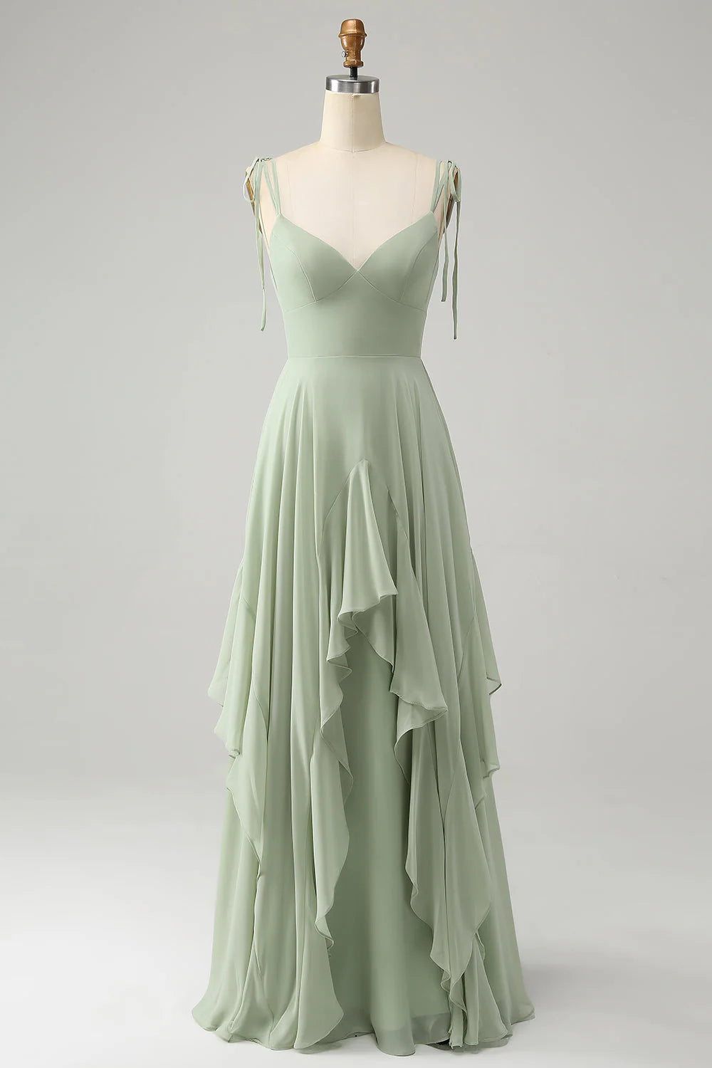 Matcha A-line Thin Shoulder V-Neck Sleeveless Strap Ruffled Chiffon Long Bridesmaid Dress