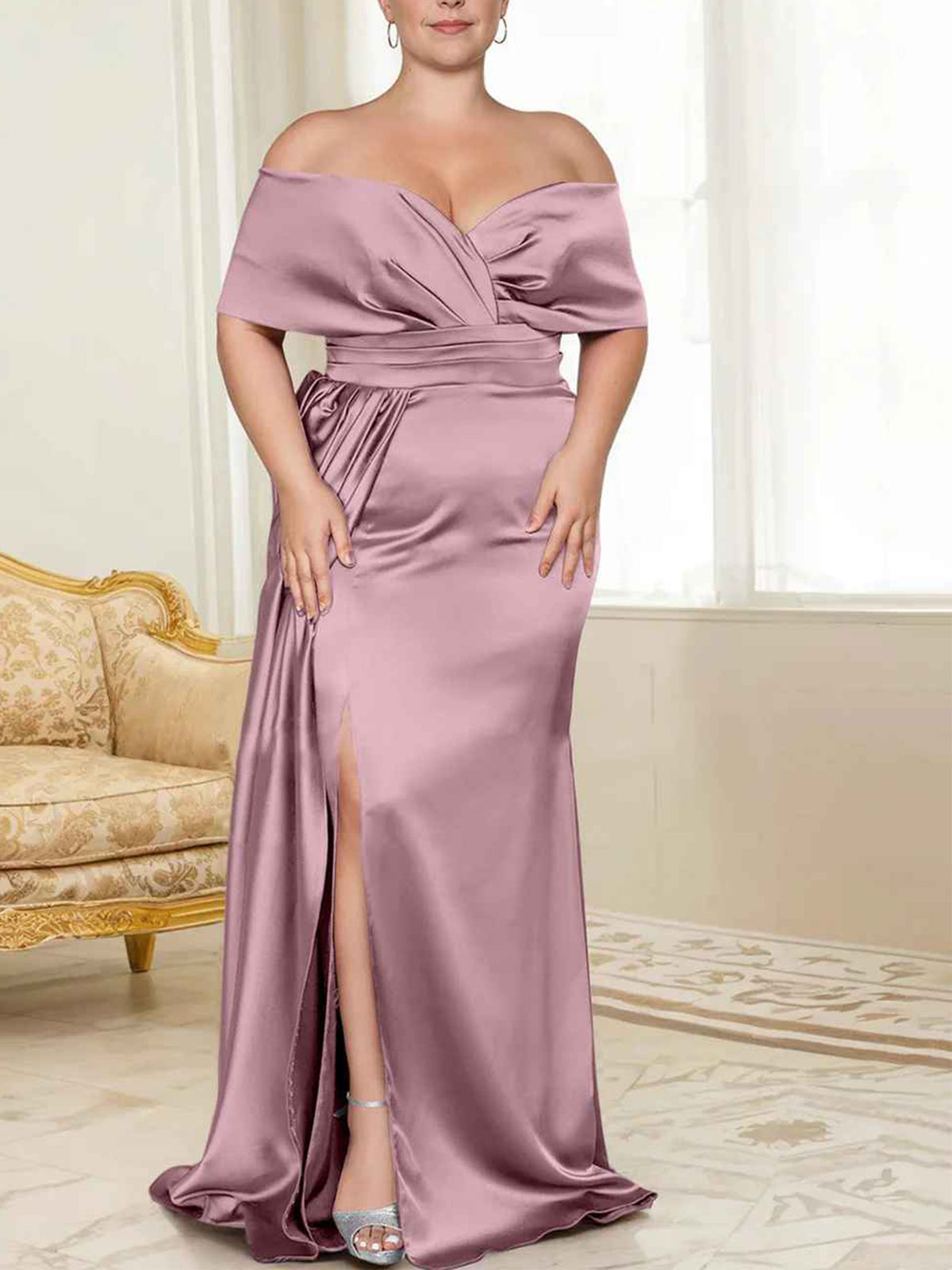 Sage Green Satin Off-the-Shoulder Bridesmaid Dress with Draped Bodice & High Slit