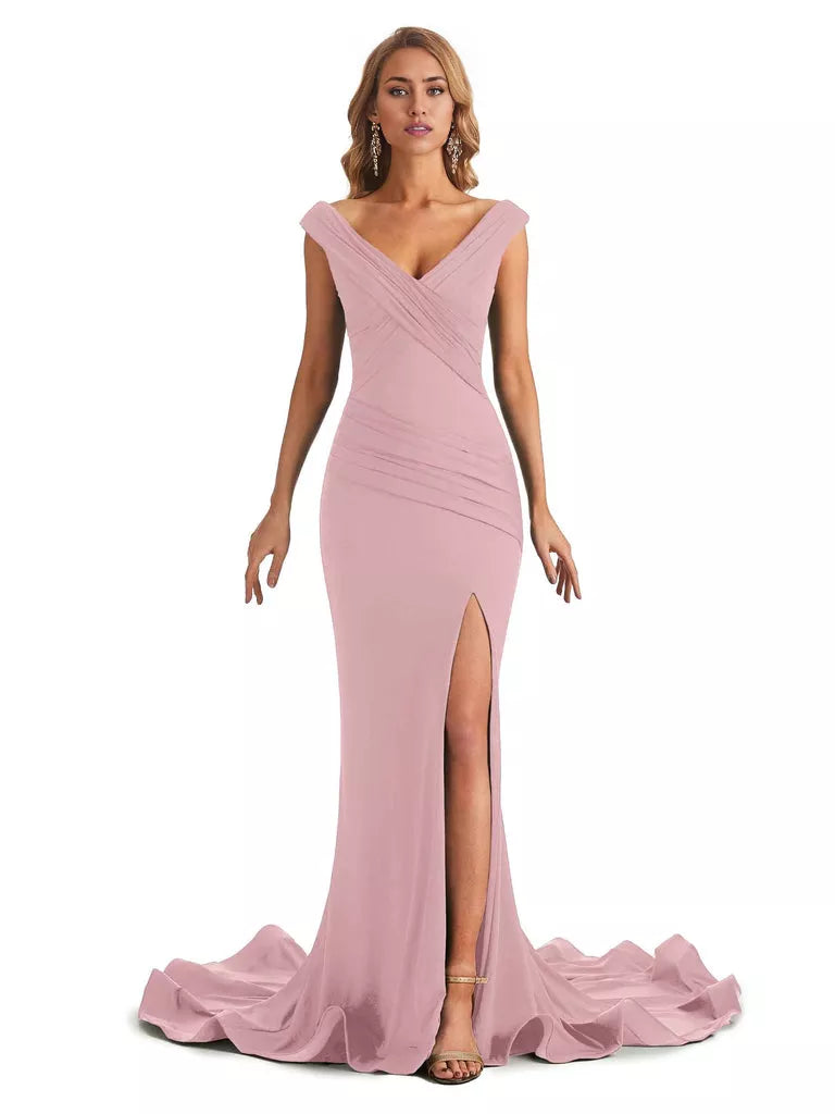 Vestido de dama de honor largo, formal, sin mangas, con escote en V y hombros descubiertos, de estilo sirena y sexy