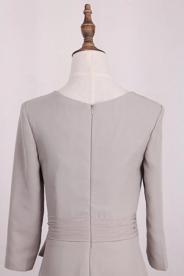 Elegante vestido de novia de gasa con escote sirena 3/4 y mangas largas con cinturón para madre de la novia