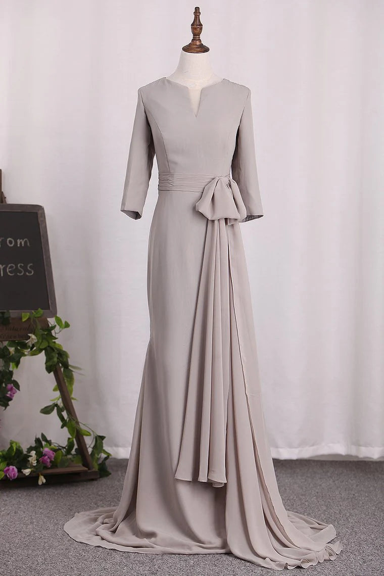 Grey Chiffon V-Neck Floor-Length Sheath/column Bridesmaid Dress with Ruched Waist