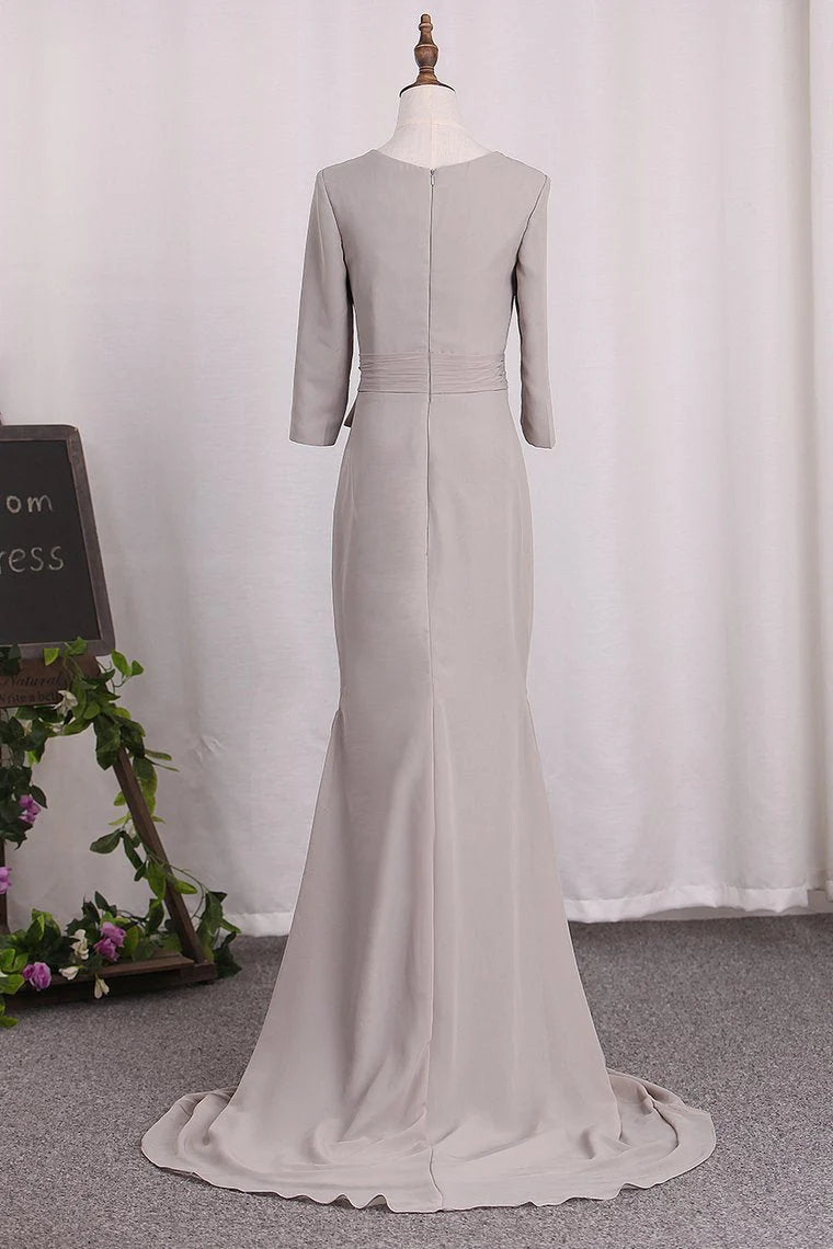 Grey Chiffon V-Neck Floor-Length Sheath/column Bridesmaid Dress with Ruched Waist