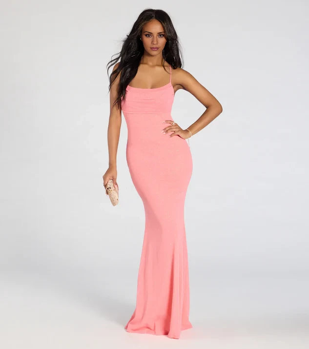 Mermaid Square Neck Sleeveless Spaghetti Strap CrissCross Back Mermaid Floor-Length Evening Dress