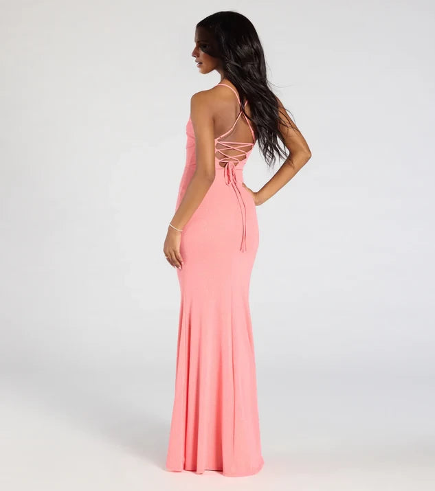 Mermaid Square Neck Sleeveless Spaghetti Strap CrissCross Back Mermaid Floor-Length Evening Dress