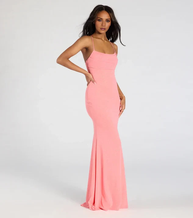 Mermaid Square Neck Sleeveless Spaghetti Strap CrissCross Back Mermaid Floor-Length Evening Dress