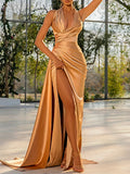 Champagne Halter Neckline Satin Sheath/Column Floor-Length Dress with High Slit