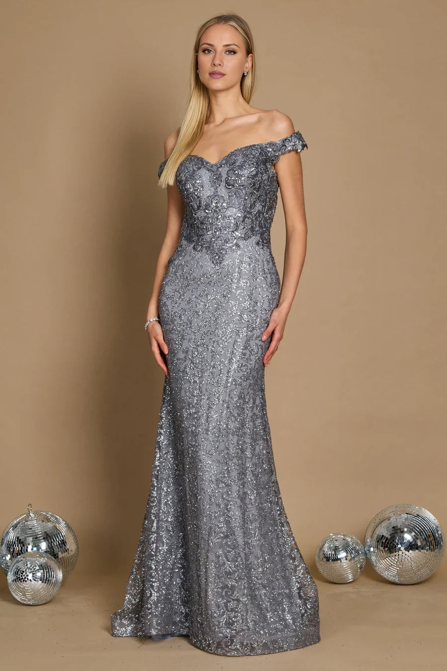 Grey Sequin Sheath/column Floor-Length Dress with Off-the-Shoulder Neckline