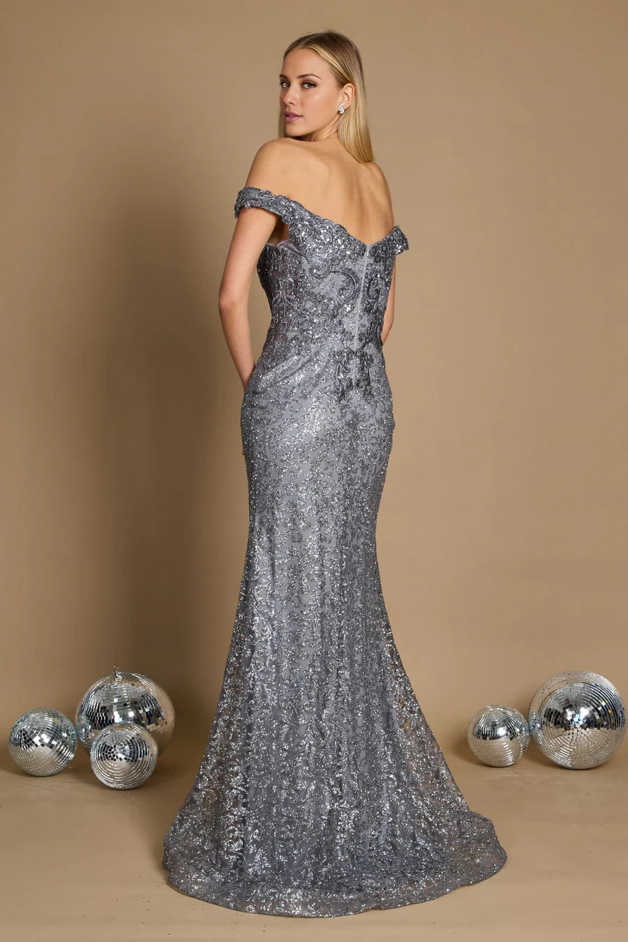 Grey Sequin Sheath/column Floor-Length Dress with Off-the-Shoulder Neckline