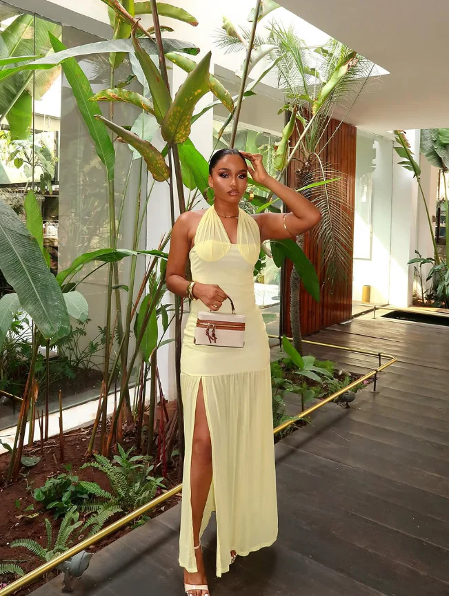 Mesh Halter Neck Ruched Bustier Tiered Maxi Slit Evening Dress