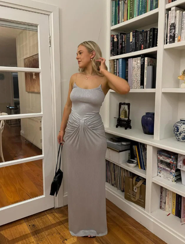 Metallic Form-Fitting Scoop Neck Spaghetti Strap Knot-Front Floor Length Evening Dress