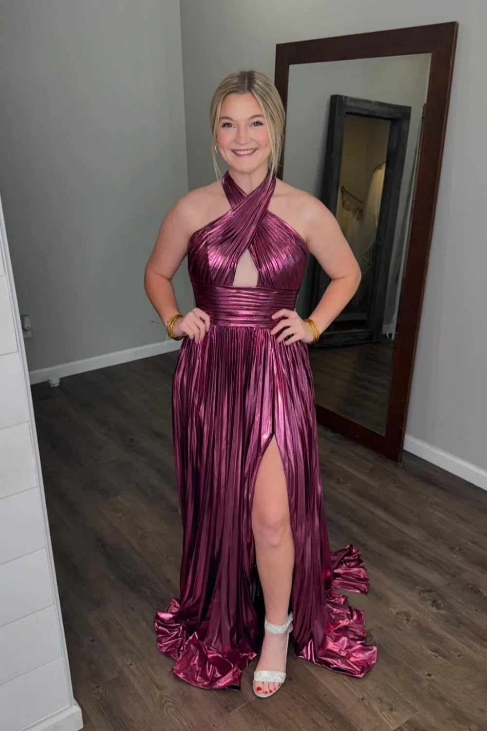 Metallic Halter Prom Dress with Twist Front, Cutout Detail, Pleated Skirt & High Front Slit