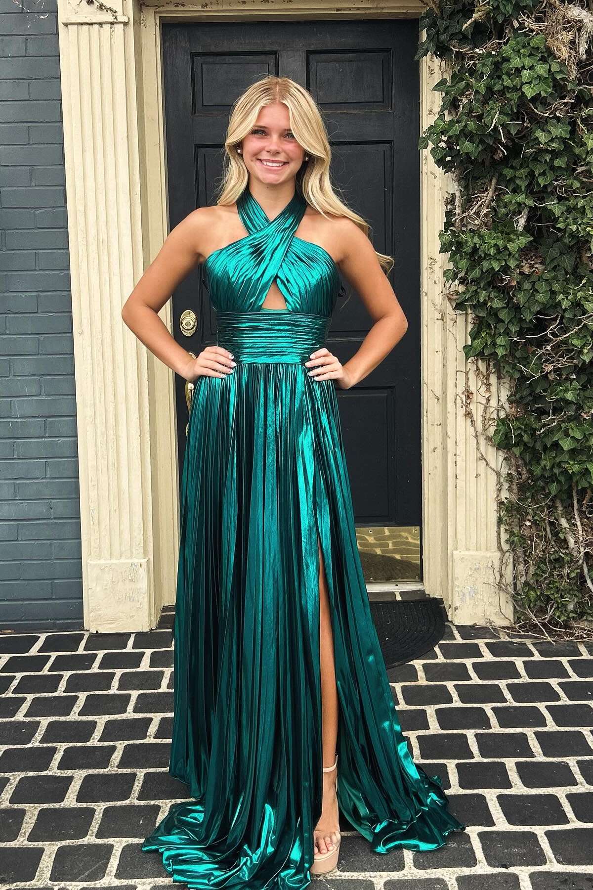 Gold Satin A-Line Floor-Length Dress with Halter Neckline and Pleated Skirt