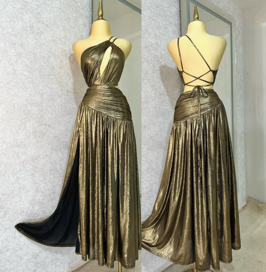 Metallic Jersey One-Shoulder Keyhole Crisscross Open Back Slit Floor Length Evening Dress