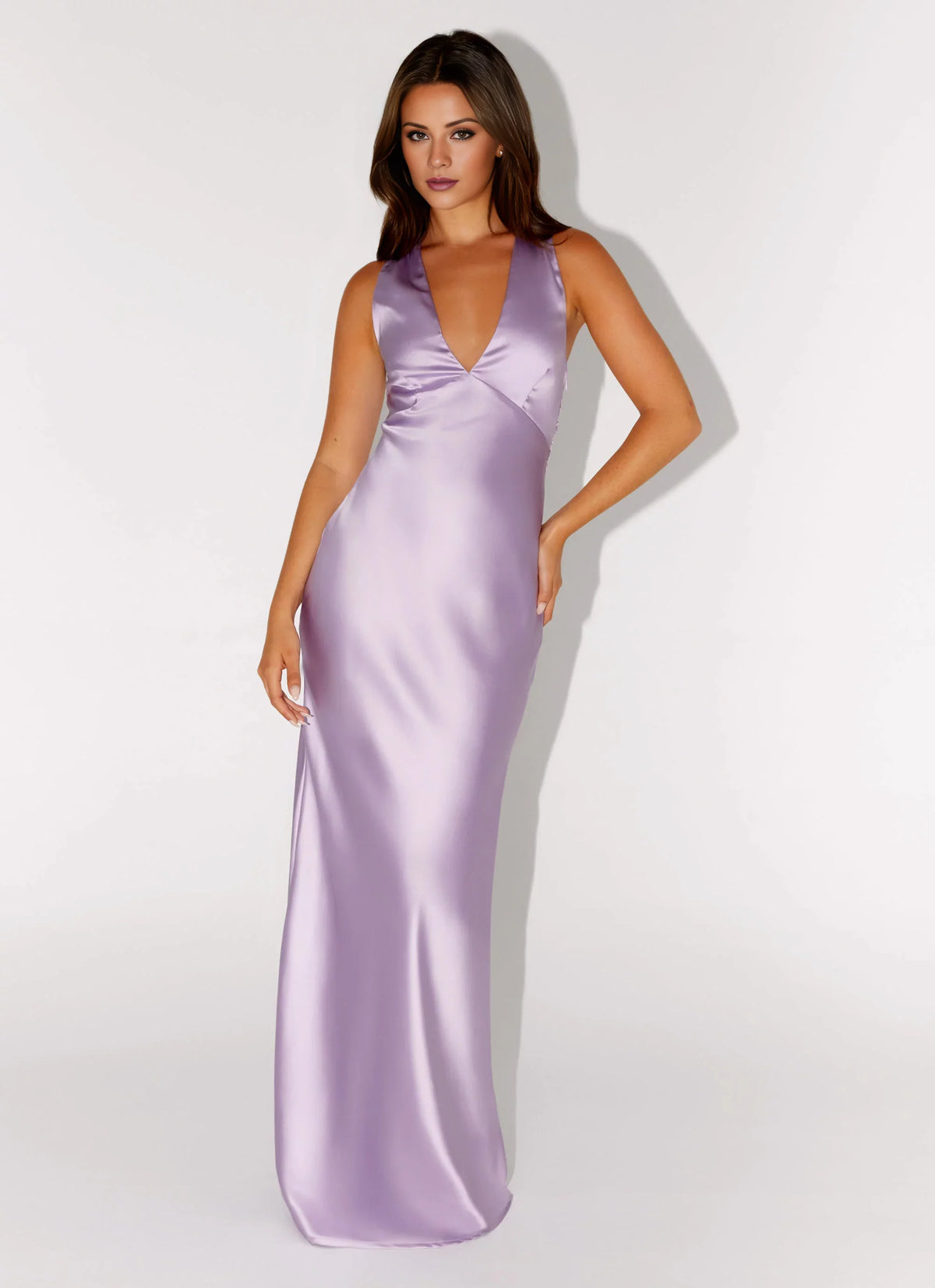 Lavender Satin Deep V-Neck Sheath Bridesmaid Dress