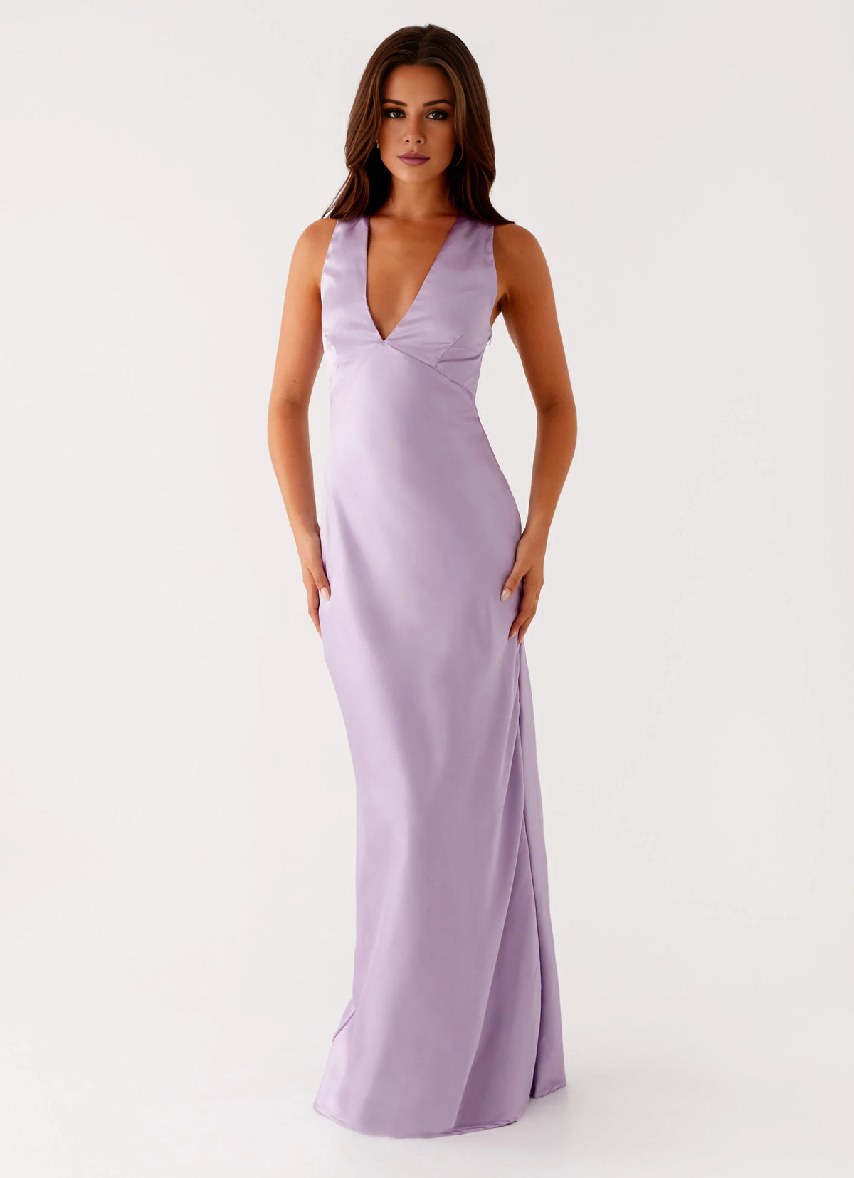 Lavender Satin Deep V-Neck Sheath Bridesmaid Dress
