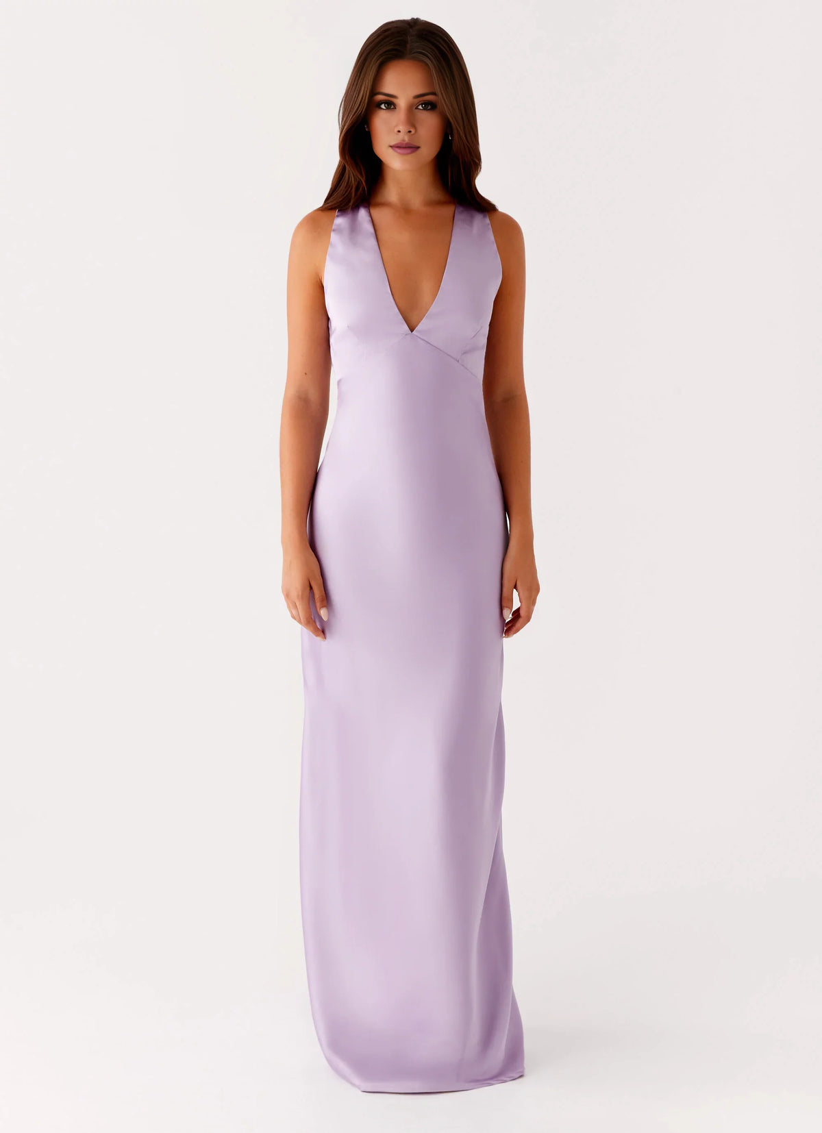 Lavender Satin Deep V-Neck Sheath Bridesmaid Dress