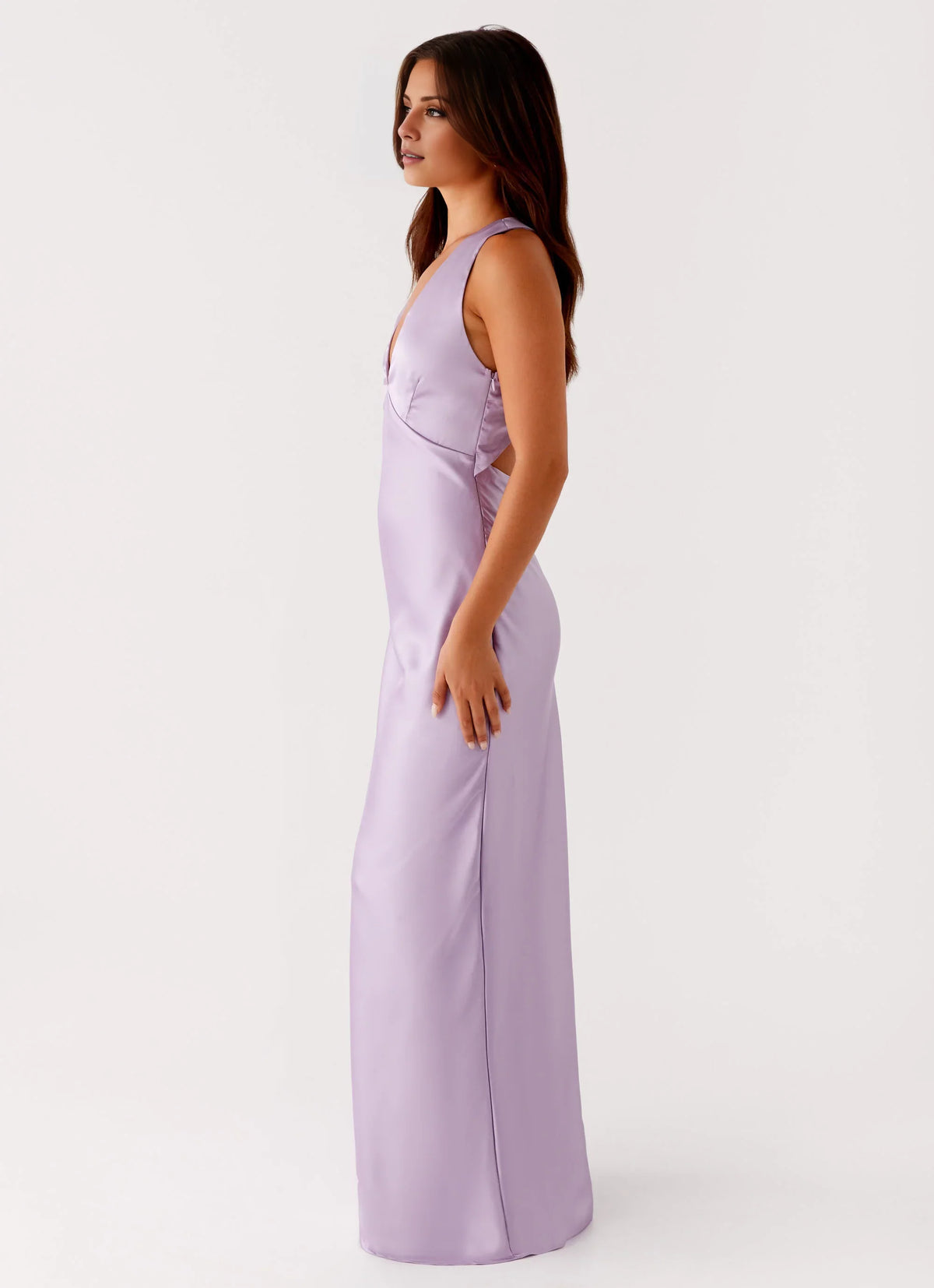 Lavender Satin Deep V-Neck Sheath Bridesmaid Dress