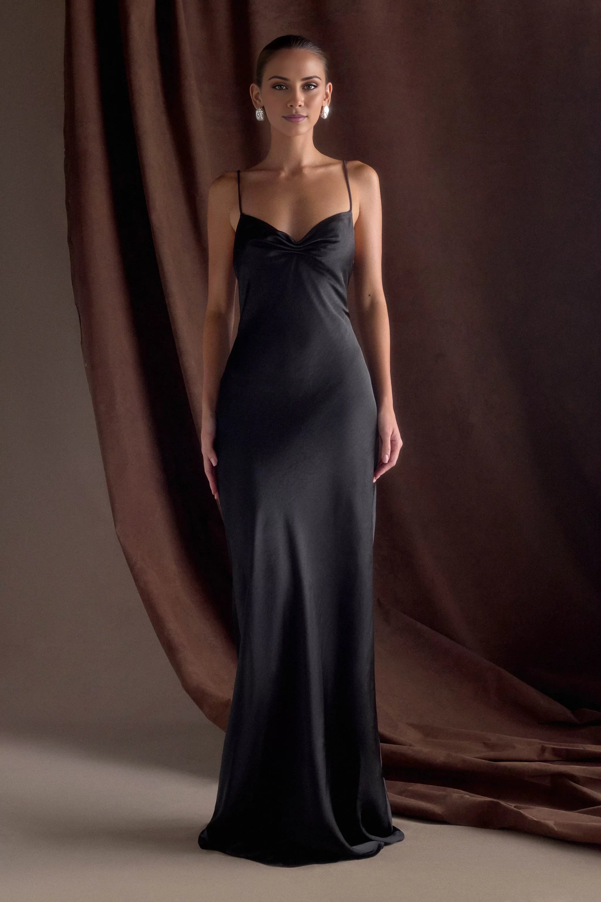 Minimalist-Lux Satin V Neck Spaghetti-Strap Plunging V-Back Floor-Length Evening Dress