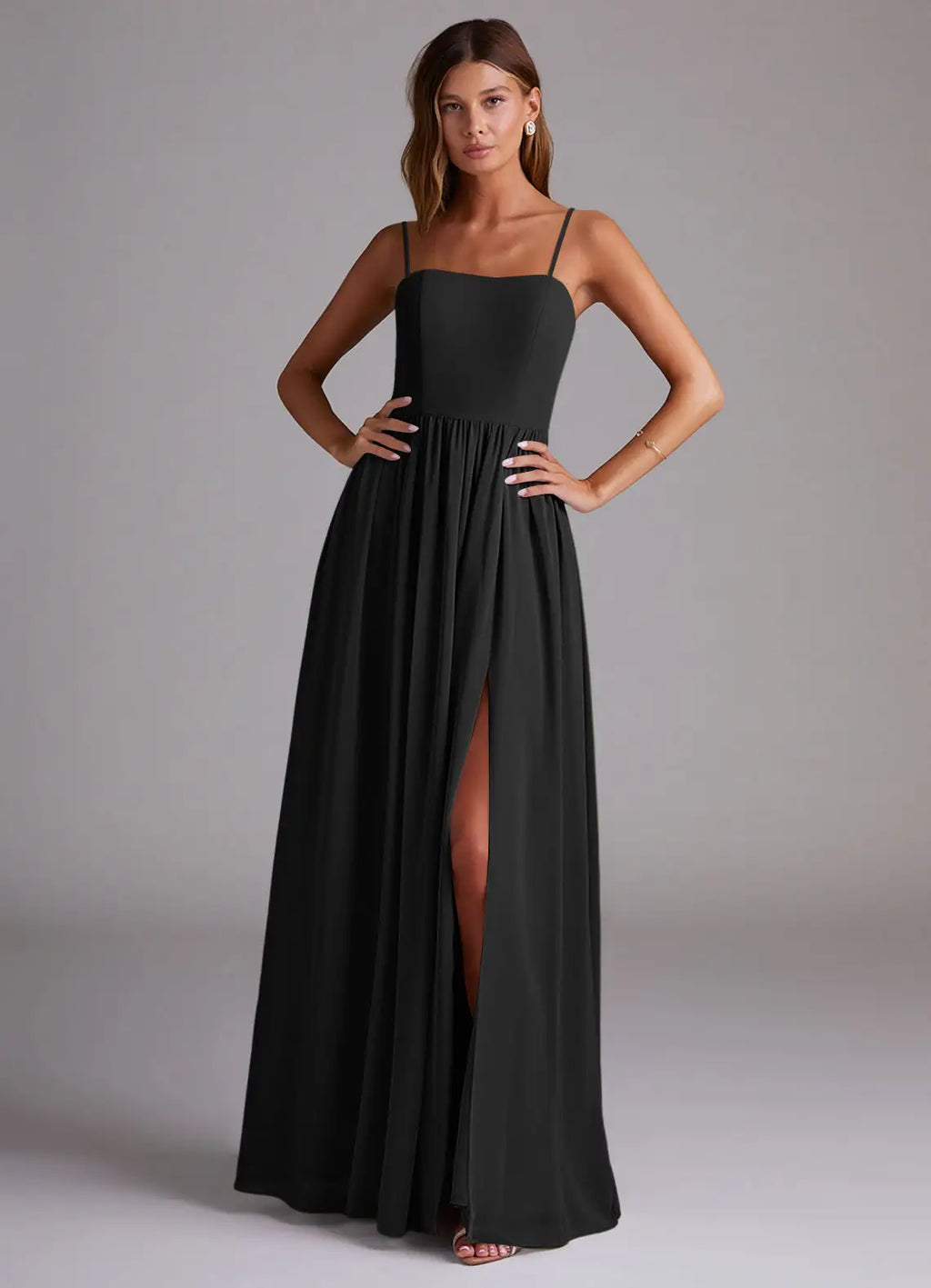 Black Chiffon A-Line Floor-Length Bridesmaid Dress with High Slit