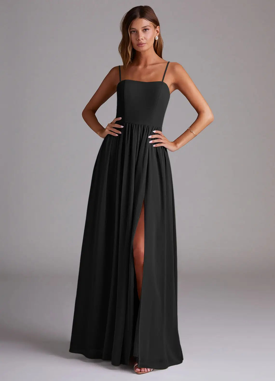 Black Chiffon A-Line Floor-Length Bridesmaid Dress with High Slit