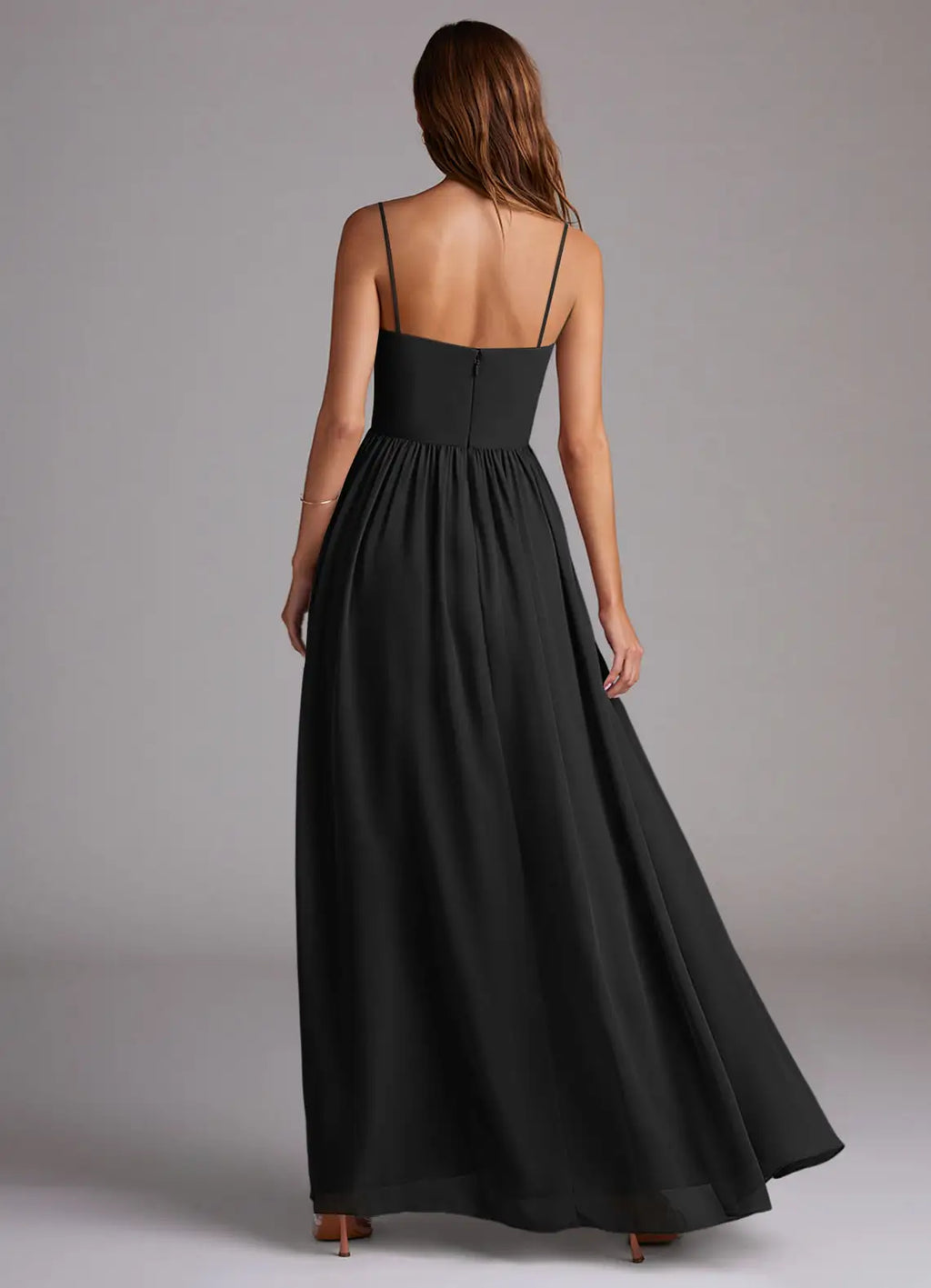 Black Chiffon A-Line Floor-Length Bridesmaid Dress with High Slit