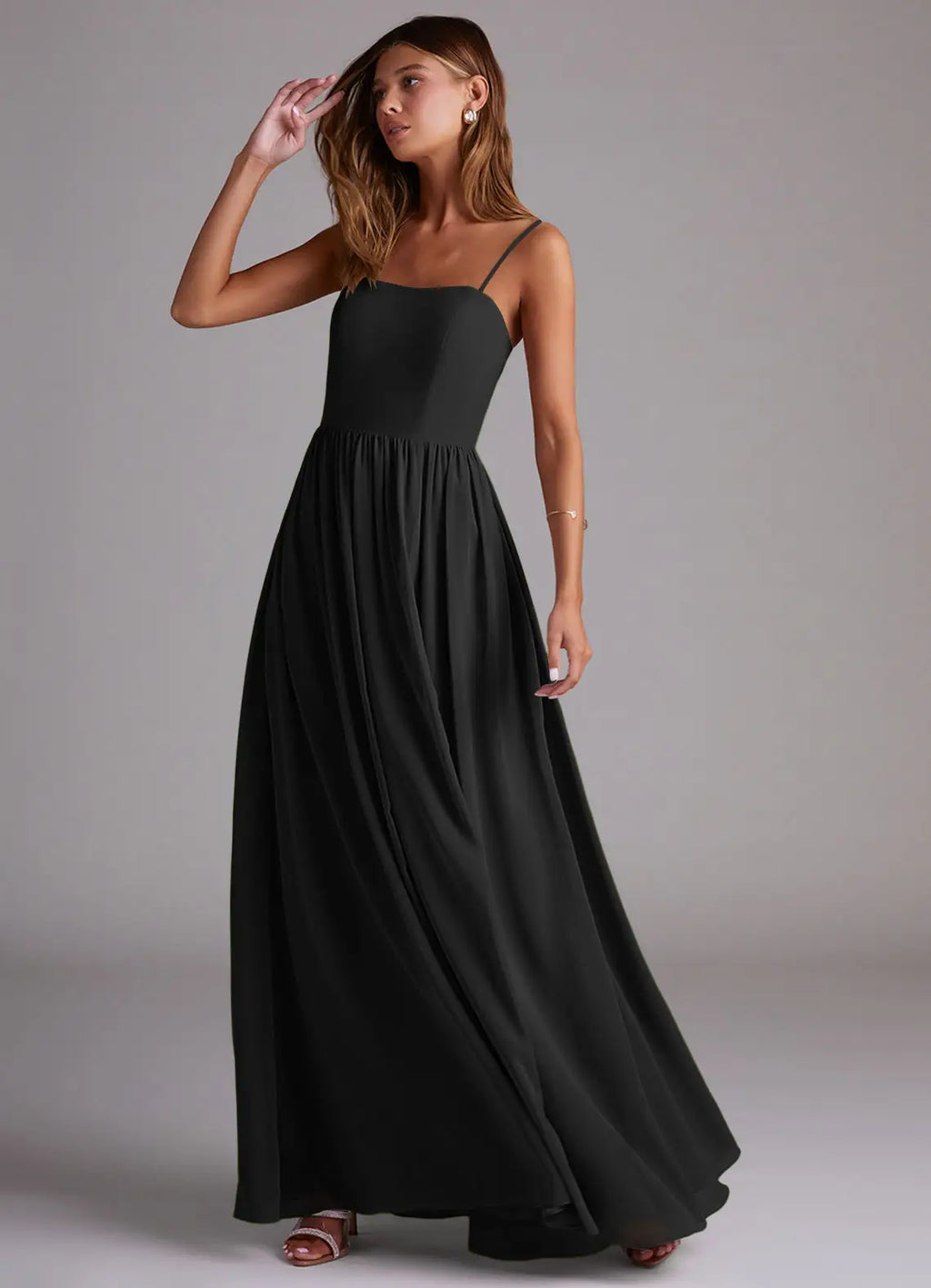 Black Chiffon A-Line Floor-Length Bridesmaid Dress with High Slit