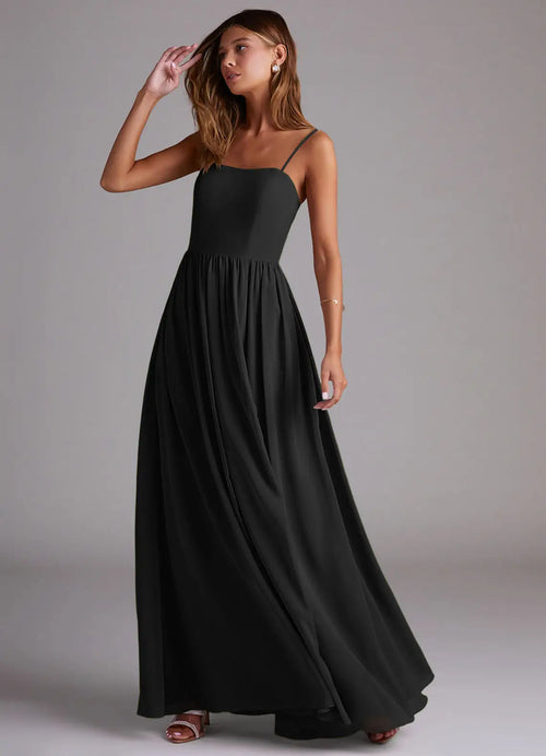 Black Chiffon A-Line Floor-Length Bridesmaid Dress with High Slit