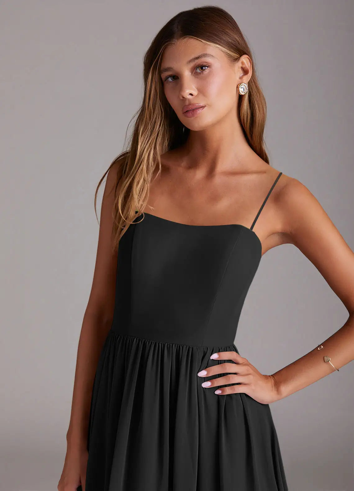 Black Chiffon A-Line Floor-Length Bridesmaid Dress with High Slit