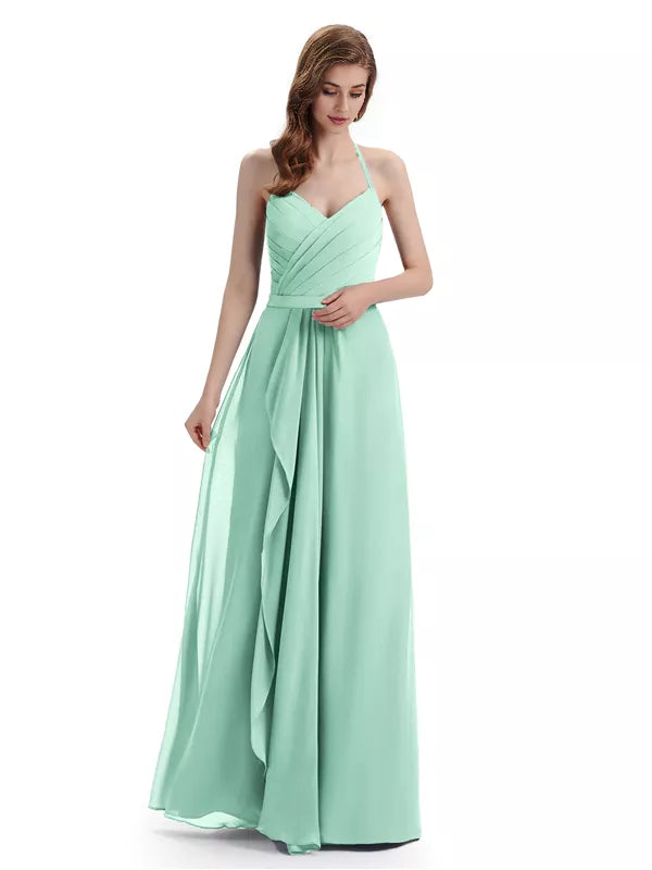 Charming Halter V-neck Off Shoulder Sleeveless Floor Length Bridesmaid Dresses