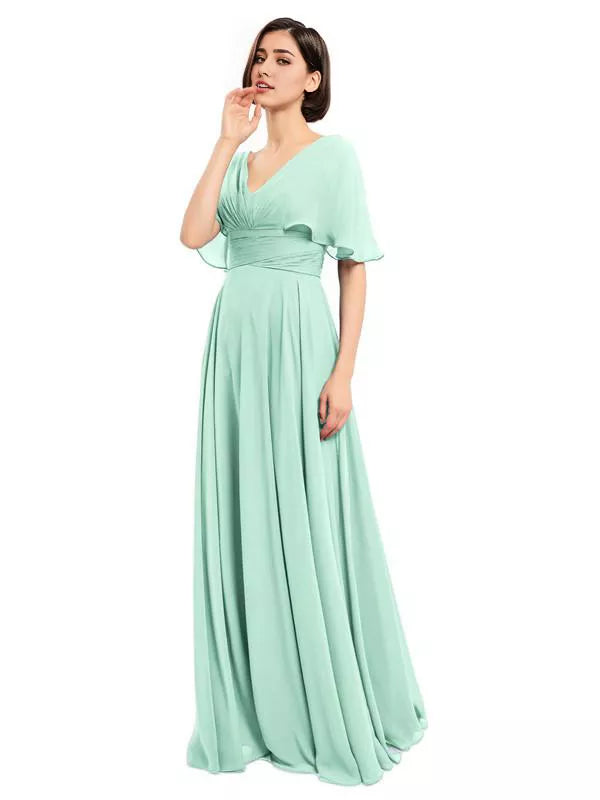 Dusty Blue Chiffon A-Line Floor-Length Bridesmaid Dress with V-Neck and Flutter Sleeves