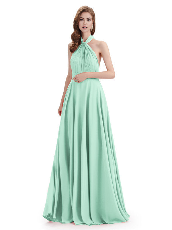 Simple A-Line High Neck Halter Sleeveless Pleats Chiffon Floor Length Bridesmaid Dresses