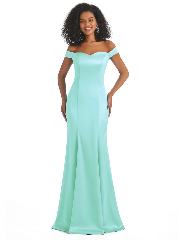 Vestidos de dama de honor largos, sencillos, de satén suave, sin mangas y con hombros descubiertos, de corte sirena