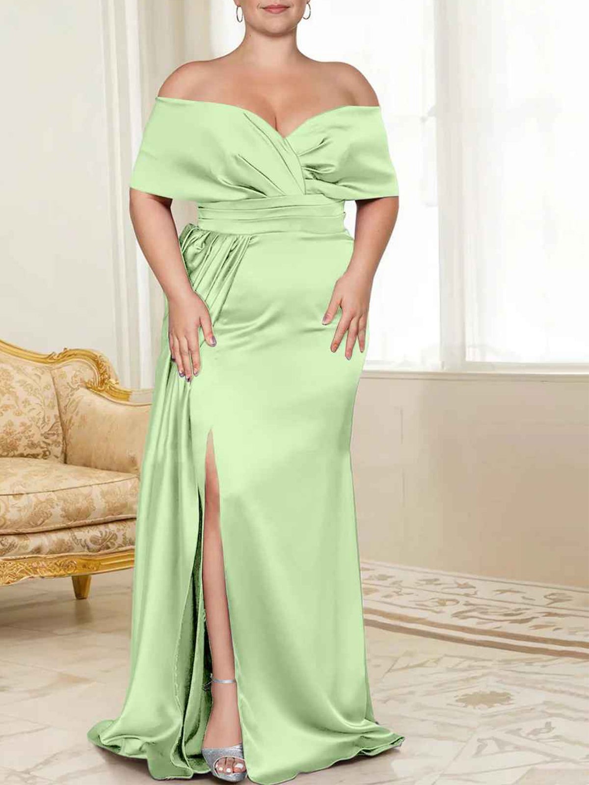 Sage Green Satin Off-the-Shoulder Bridesmaid Dress with Draped Bodice & High Slit