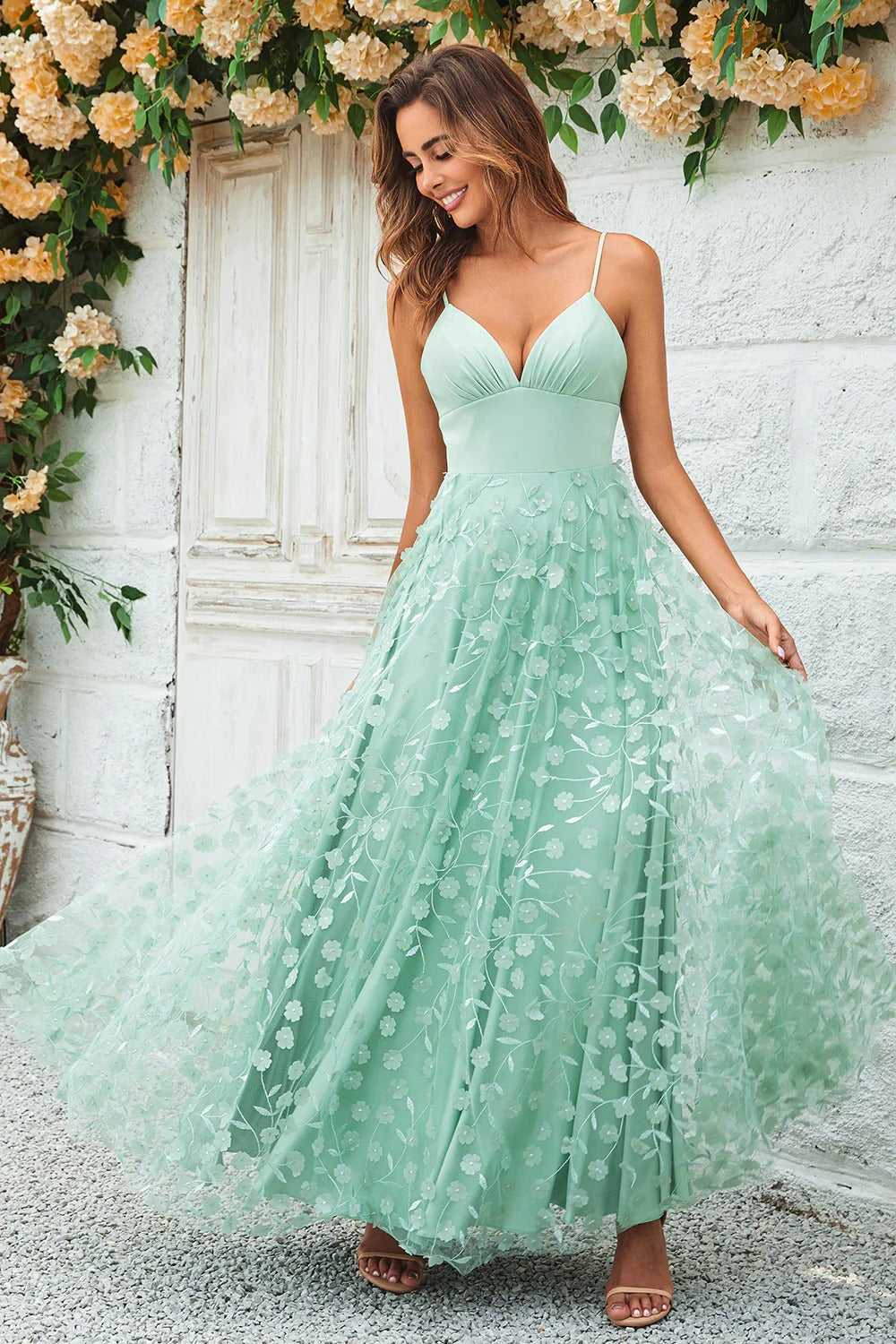 Mint Green 3D Floral Spaghetti Strap Tulle Maxi Dress