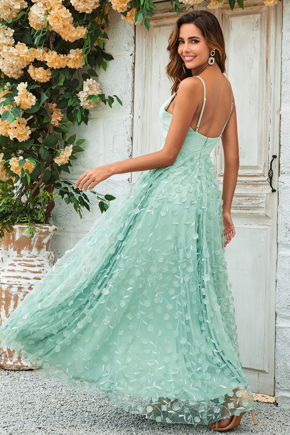 Mint Green 3D Floral Spaghetti Strap Tulle Maxi Dress