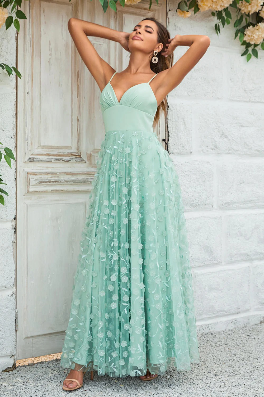 Mint Green 3D Floral Spaghetti Strap Tulle Maxi Dress