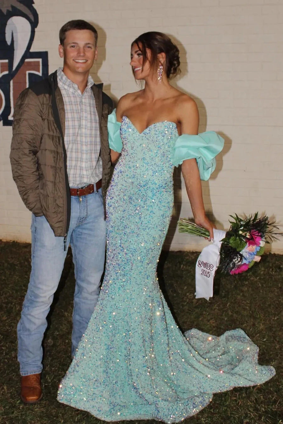 Mint Sequin Mermaid Prom Dresses Off-Shoulder Puff Sleeve Train Formal Evening Gown